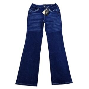 Flamingals Womens High Rise Flare Jeans Dark Wash Embroidered Pockets Size L NWT